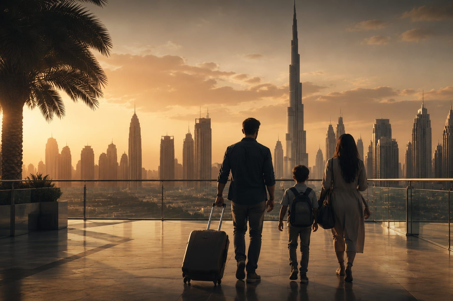 Family walking toward the Burj Khalifa at sunset in Dubai